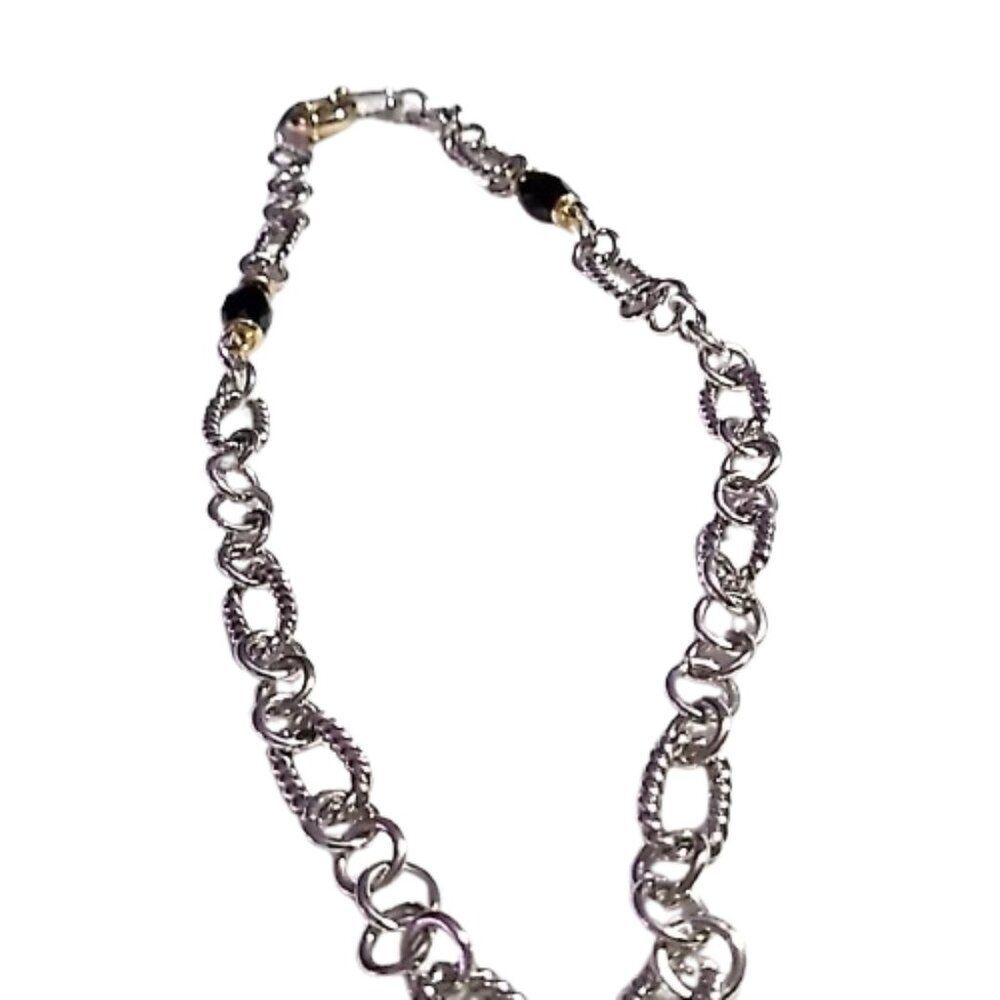 J. Crew Silver-tone Link Necklace Black Faceted Barrel Beads